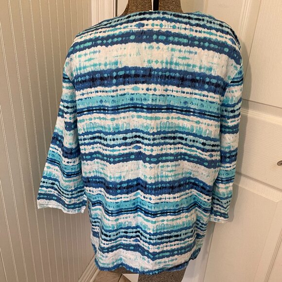 Ruby Rd. Watercolor Blue Tie Dye Linen Tunic Large 3/4 Length Sleeves Tie Front - Picture 4 of 10